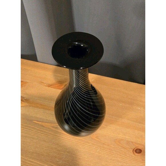 Vintage Murano Italy MCM Vase Black W/ Gray Swirls, 11.5” H - Picture 5 of 6